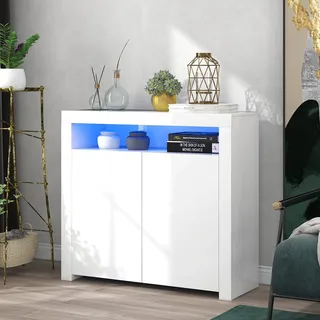 Merax Sideboard mit LED Beleuchtung, Weiss Hochglanz Lagerschrank Beistellschrank mit 2 Türen, Offene Regale, Moderne Anrichte Küchenzeile Schrank für Esszimmer Wohnzimmer Küche, 108 x 92 x 40 cm