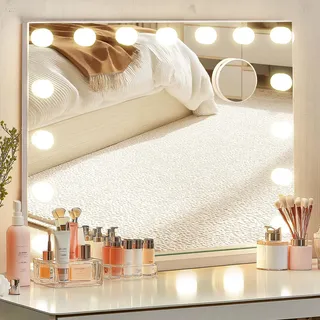 SogesHome Hollywood Schminkspiegel mit Beleuchtung – LED Make-up Spiegel Tischspiegel mit 3 Lichtfarben, Touch-Schalter, 5X Vergrößerung, USB-Anschluss, Wand- & Tischmontage, 58×46cm – Weiß