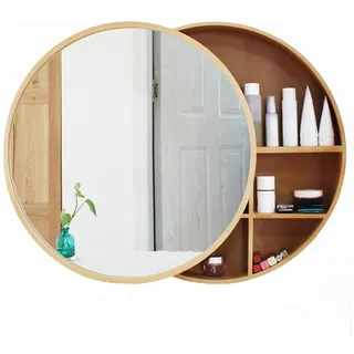 Easnuroz 50/60/70 cm Badezimmerspiegelschrank Schiebebarer Badezimmerspiegel Aus Holz Mit Ablage Runder, Wandmontierter Badezimmerspiegel Für Badezimmerdekoration Und Aufbewahrung(Wood,60cm/23.6in)