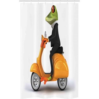 ABAKUHAUS Lustig Schmaler Duschvorhang, Italienisches Frosch-Motorrad, Badezimmer Deko Set aus Stoff mit Haken, 120 x 180 cm, Grün Schwarz Orange