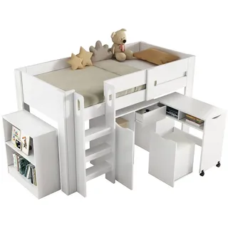 OKWISH Hochbett Etagenbett sicher mit Geländern (Kinderhochbett, Kinderbett, Hochbett, 1-St., 90*200cm, ohne Matratze) mit Schreibtisch, Stuhl, herausnehmbarem Schrank,Schublade,Leiter 91 cm x 201 cm x 119.5 cm
