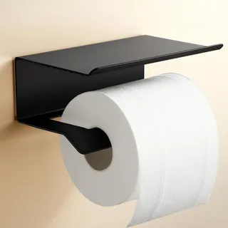 ALOCEO Toilettenpapierhalter Ohne Bohren mit Ablage Schwarz Matt | Selbstklebender Klopapierhalter aus Edelstahl, Toilettenpapierhalter für Bad, WC und Küche