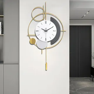 Gilacco Wanduhr mit Pendel, geräuschlos, hochwertig, batteriebetrieben, große Wanduhr für Wohnzimmer, Küche, Zuhause, Badezimmer, Schlafzimmer, Wanddekoration, 39 x 67 cm (Gold)