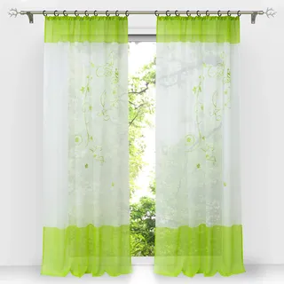 HongYa 1 Stück Bestickte Gardine Transparenter Voile Vorhang Fensterschal mit Kräuselband H/B 245/140 cm Grün