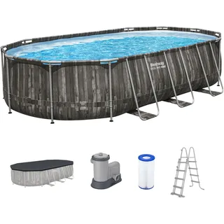 BESTWAY Steel Pro MAX Frame Pool Komplett-Set 610 x 366 x 122 cm oval inkl. Filterpumpe, Sicherheitsleiter, Abdeckplane, Reparaturflicken