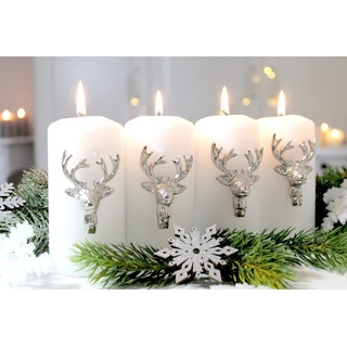 4er Set Kerzenstecker Verzierung Stecker Kerzen Silber Advent Adventsdeko (Hirsch Kopf Geweih Silber)