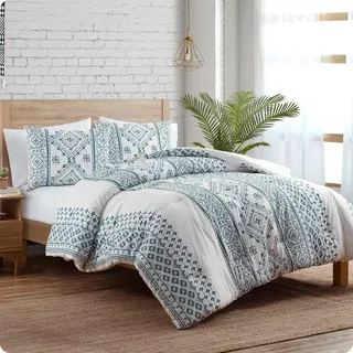 Indigo Ink | White Denim Collection | Weiß/Marineblau Boho Geometrische Streifen bedrucktes Bettdecken-Set, Twin, 2-teilig
