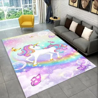 PEIHUODAN Mädchen Zimmer Teppich - Kuschelweicher Flanell mit Einhorn-Druck - Anti-Rutsch Rücken für Kinderzimmer - Rosa Dekoration für Mädchenzimmer (Farbe 3,160x200cm)
