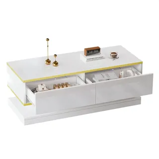 Hochglanz Couchtisch 100x50x38 cm Warmweiß mit 2 großen Schubladen und goldenen Rändern für modernes Wohnzimmer