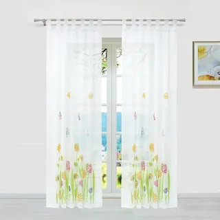 ESLIR Gardinen mit Schlaufen Vorhänge Gardinenschals Transparent Schlaufenschal Blumen Muster Voile Grün BxH 150x225cm 1 Stück