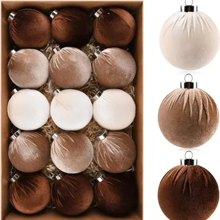 CYRENT Weihnachtsbaumschmuck, brauner Samt, bruchsichere Kugeln mit Schleifenaufhänger, plissiert, 15 Stück, neutrale beige, Dekorationen für Weihnachten, Kamin, Kranz, 8,9 cm (braun)