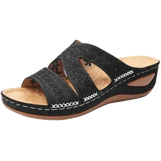 Generisch Plateau Sandaletten Damen Orthopädisch, Pantoletten Mit Keilabsatz Bohemian Strandschuhe Leicht Bequem Sommerschuhe Open Toe Hausschuhe Rutschfest Slippers Aushöhlte Sandalen Slides - 46 EU