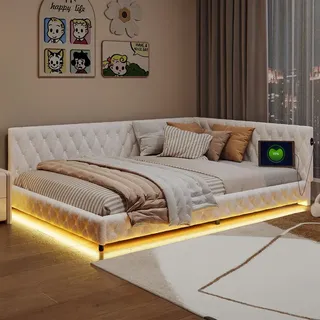 CDGlobal Polsterbett 140x200cm mit USB/type-c, Schlafsofa mit Lattenrost, Tagesbett Daybett Jugendbett mit LED, Gästebett Sofabett Doppelbett, Sam... - Beige