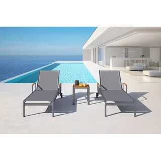 OUTFLEXX 2er-Set Sonnenliegen, taupe, Edelstahl/Textilene, 195 x 74 cm, mit Beistelltisch 45 x 45 cm, FSC®-zertifiziertes Produkt