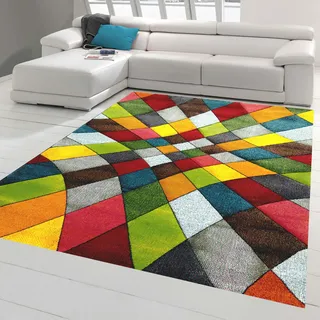 Teppich-Traum Moderner Teppich Wohnzimmer abstraktes Design buntes Rautenmuster grün gelb orange bunt - pflegeleicht Größe 60x110 cm