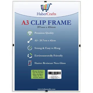 Habercrafts A3-Clip-Rahmen zum Aufhängen, starkes Glas, freier, rahmenloser, klarer Rahmen für Poster, Zertifikate, Fotos, Comics, leicht, 297 mm x 420 mm (A3-Clip-Rahmen – 12 Rahmen)