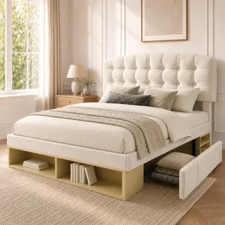 Merax Holzbett 140x200cm, Polsterbett Samt mit Lattenrost, Stauraumbett mit Schubladen und Stauraum, Funktionsbett mit Gebogenem Höhenverstellbarem Kopfteil, Samt, Doppelbett, Ohne Matratze, Beige