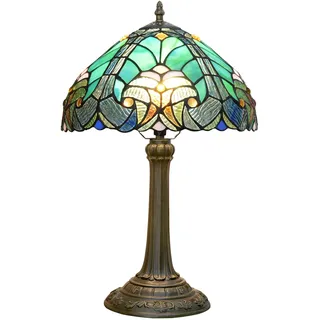 Blivuself Tiffany Lampe Grün Liaison Stil Glasmalerei Tischlampe W12H18 Zoll Antike Tischlampe Metall Basis Schreibtisch Leselicht für Wohnzimmer Schlafzimmer Bar Kunsthandwerk