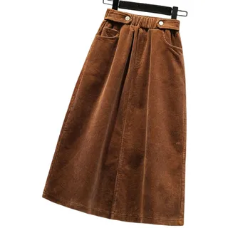 BUJNIE Midi-Rock große Größe für Frauen, Rock aus geripptem Samt, Trapezrock, langer Rock für Frauen, Herbst und Winter, Röcke mit hoher Taille, auburn, XL - XL