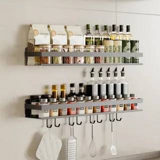 devesanter Gewürzregal Wand,2er Set mit 8 Haken,ohne BohrenGewürzregal Hängend,Küchenregal für Gewürze,küchenutensilienhalter,Wandmontage gewürzregal schranktür für Küche,(Grau,60 cm)