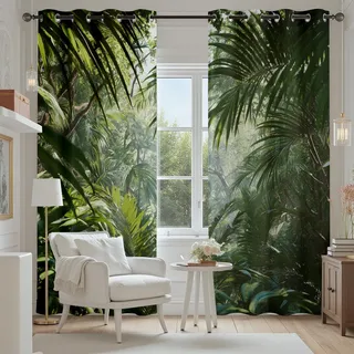 Tropisch Regenwald Vorhange Blickdicht 2er Set, Dschungel Botanisch Blätter | Gardinen mit Ösen Landschaft 3d Effekt Verdunklungsvorhänge 90 cm Lang 65 Breit Thermovorhang Wohnzimmer Schlafzimmer