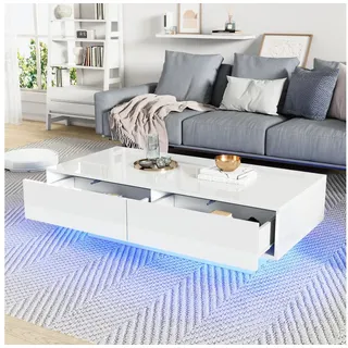 Fine Life Pro Couchtisch Weißer Hochglanz-Couchtisch mit LED, 2 Schubladen, modern, elegant, 115x55x34 cm, Tragkraft 30 kg, für Wohnzimmer, stilvolles Design