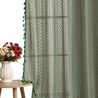 Agger Gardine Vintage-Häkelspitzen-Gardine, Boho-Fransen-Vorhang, Wellenförmiger Ösenvorhang aus Voile für Wohnzimmer und Schlafzimmer