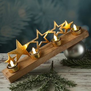 Teelichthalter mit goldenen Sternen auf Holzplatte - f√or 4 Teelichter - L: 38cm - natur, gold