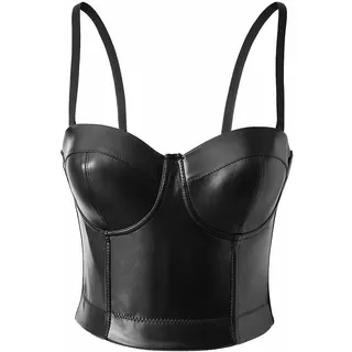 YUROUTEN Damen Sexy Bustier Top Kunstleder Gothic Corsage Bauchfrei Kurz Camisole Crop Tops Rückenfreier Slim Fit Trägertop Vintage Leder Korsett Tank Clubwear - XS