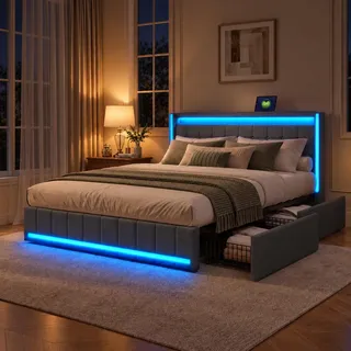 Polsterbett Doppelbett 180x200 cm, Stauraumbett mit 4 Schubladen, Bett 180x200 mit Bettkasten und Lattenrost, LED Kopfteil mit USB Ladestation, Jugendbett Funktionsbett Rückenlehne Bett, Leinen