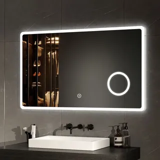 EMKE Badezimmerspiegel LED Badspiegel Wandspiegel 100x60cm mit Touch-Schalter Vergrößerung Schminkspiegel Kaltweiß Licht 6500k - Silber