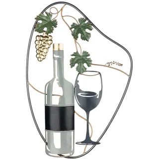 Gilde Wandrelief Calice Wein - Metall - 40 x 60 cm | Motiv Weinflasche, Weinglas und Weinrebe - Farbe grau-grün-schwarz mit goldfarbenen Akzenten - mit Aufhängung