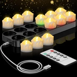 daphomeu Aufladbare LED Teelichter mit Fernbedienung, 12er Set Timerfunktion und Ladestation - Flackernde Elektrische Kerzen für Wohnzimmer, Tischdeko, Halloween, Weihnachten