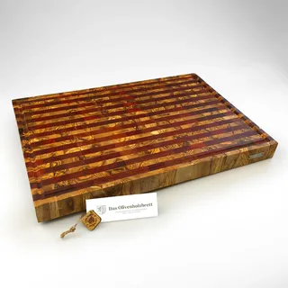 DAS OLIVENHOLZBRETT®Mosaik Schneidebrett m.Saftrille/rechteckig 60x41x4,5cm | Exklusives Olivenholz Schneidebrett mit Streifen/Luxus Hirnholzbrett aus Olivenholz/Stirnholz/massiv