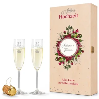 GRAVURZEILE Leonardo Sektgläser mit Gravur - Silberhochzeit 25 Jahre - Personalisiert mit Namen & Datum inkl. Holzkiste - Geschenk zur Hochzeit Verlobung Jahrestag - Farbe: Sekt