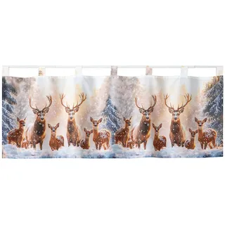 heimtexland Scheibengardine Weihnachten Deko Gardine Bistro Weihnachtsgardine (1 St), Schlaufen, blickdicht, Satin, 45x120 cm I blickdicht I bedruckt I Hirsche im Schnee beige