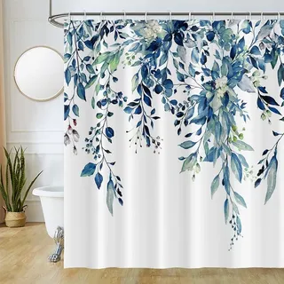 Uiiooazy Duschvorhang 200x180cm, Duschvorhang Anti Schimmel Blau Blätter Weiß Blumen Aquarell Pflanzen Duschvorhänge Stoff Waschbar Wasserdicht Polyester Bad Vorhang mit 12 Haken für Badezimmer