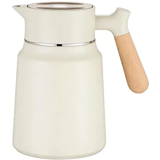 Thermoskanne 1,5 L, Kaffeekanne, Isolierkanne, Kaffeekanne Thermo, Teekanne Thermo, Edelstahl Isolierkanne Mit Holzoptik Griff Für Tee Kaffee Milch (Weiß)
