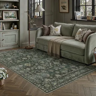 PureCozy Teppich Wohnzimmer 140x200cm Waschbarer Teppiche,Grün | Blumenmuster,Waschbar, Rutschfest, Kurzflor, Weich, Schlafzimmer, Esszimmer, Büro, Flur, Kinderzimmer