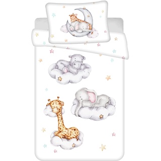 Kleinkinder-Bettwäsche-Set, Bettbezug 100 x 135 cm, Kopfkissenbezug 40 x 60 cm, Baumwolle, mit Elefant, Nilpferd und Giraffe