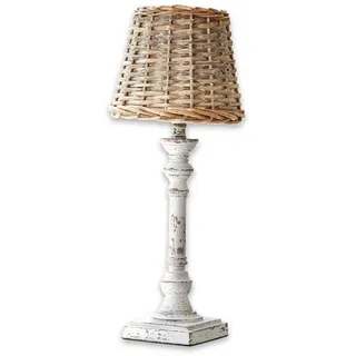 LOBERON Tischlampe Noelie – Antikveredeltes Kiefernholz, handarbeit gefertigt, Braun/Antikweiß, bezaubernder Rattan-Schirm – Rattan, braun/antikweiß