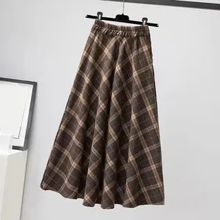 Damen brauner karierter A-Linien-langer Rock mit großem Swing-Saum, hohe Taille, elastische Taille, lockere Passform, Übergröße, Polyesterrock für Herbst Freizeitkleidung, (L Braun)