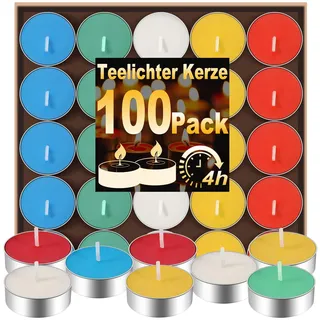 EOGRFW 100 Stück Bunte Teelicht, Teelichter mit 4 Stunden Brenndauer, Rauchfreie Farbigen Teelichter, Duftfreie Teelicht für Hochzeit Zuhause Romantisches Abendessen Bad Spa (5 Farben)