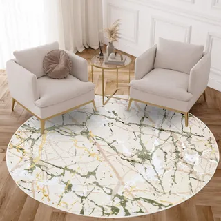 TAPISO Crystal Rund Teppich Kurzflor Glänzend Hellgrün Gold Creme Weiß Marmor Verwischt 3D Effekt Wohnzimmer Schlafzimmer Modern Design ÖKO-TEX 240 x 240 cm