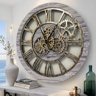 ImprovingLife The Original Real Moving Gear Wanduhr Vintage Industrial Oversized Rustic Farmhouse (60 cm), Silbergrau