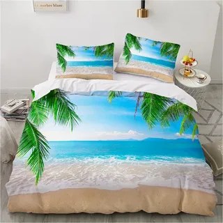 Damier Bettwäsche 135x200 Strand Meer 3D Grün Blau Beach Bettwäsche Weich Mikrofaser Bettbezug Set 2teilig für Teenager Geschenke Jungen Mädchen mit Reißverschluss und 80x80 cm Kissenbezug