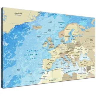 LANA KK – Europakarte Leinwandbild mit Korkrückwand zum pinnen der Reiseziele „Europakarte Frozen” - englisch - Kunstdruck-Pinnwand Globus in blau, in 120x80cm
