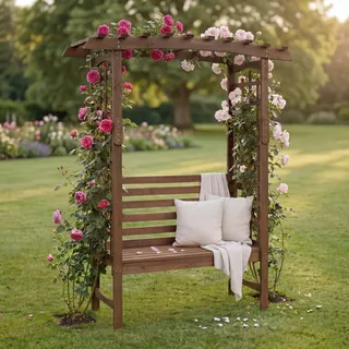 Mendler Rosenbogen mit Sitzbank HWC-Q21 201x160x60cm Holz - Dunkelbraun | Gartenbogen, Rankhilfe, Bank, Gartenbank, FSC®-Zertifiziert