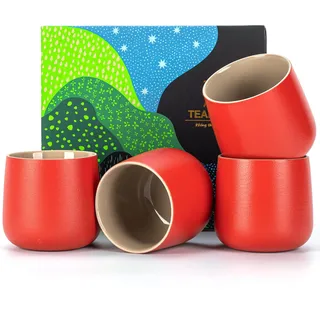 TEANAGOO Japanische Teetasse, 7.2Oz / 205 ml,Rot, H19, 4 Stück/Karton,Chinesische Teetassen, Besetztes Japan Teetassen, Asiatische Teetassen ohne Henkel, Teetasse Keramik Tasse für Japaner