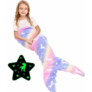 Ranedo Meerjungfrauenflosse Mädchen, Im Dunkeln leuchtende Einhorn Decke Meerjungfrau Decke, weiche Flanelldecke für Mädchen, tragbare Kuscheldecke für Kinder & Teens, 140 × 60 cm Lila